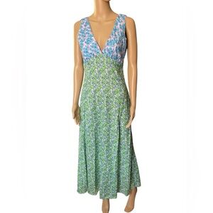 Floral V-Neck Maxi Dress in Blue & Green